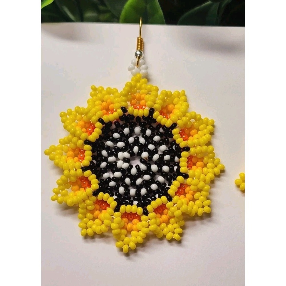 Boho Sunflower Seed Bead Earrings - Yellow Floral Dangle Jewelry - Handmade - Picture 2 of 6